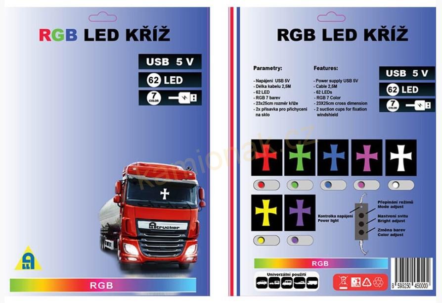 Světelný RGB kříž 62LED - USB