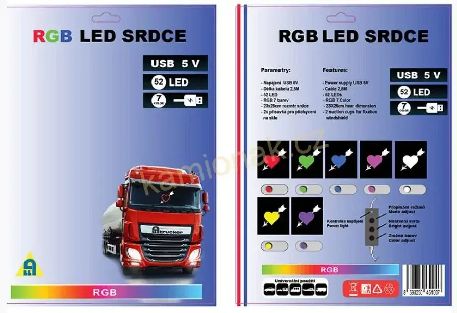 Světelný RGB srdce 52 LED - USB