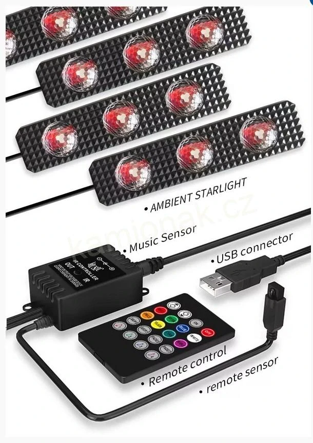 Ambientni osvětleni do auta USB 4x13cm RGB 