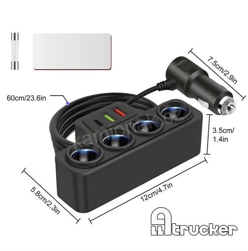 Rozčtyřka zapalovače + 2x USB + 1x USB C 