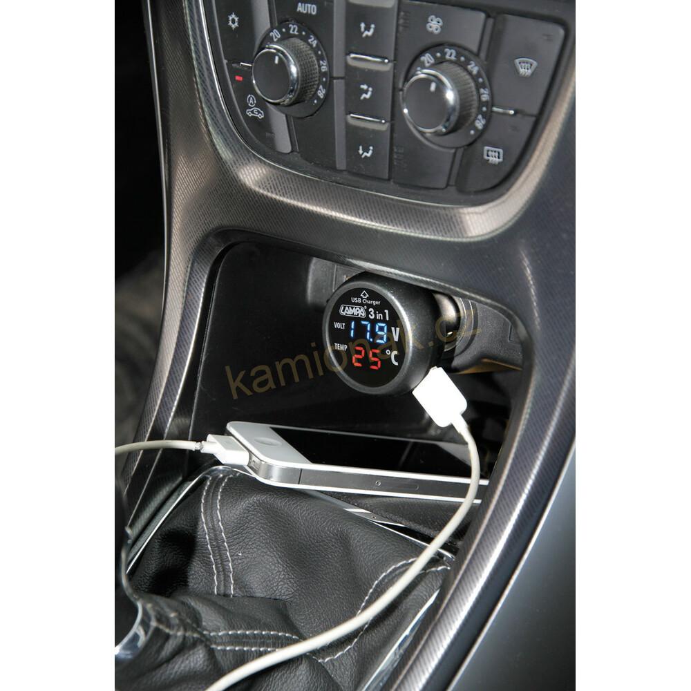 Voltmetr / teploměr / USB  - 12/24V