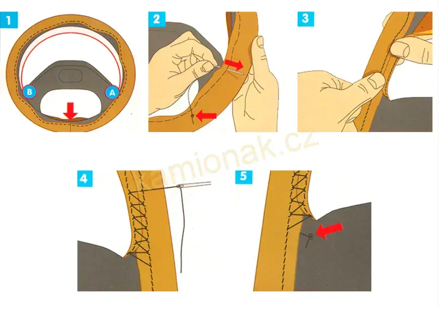 Kožený potah volantu omotávací 44-46 cm - černý,béžové šití