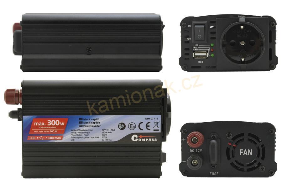 Měnič napětí 12/230V 300W + USB 