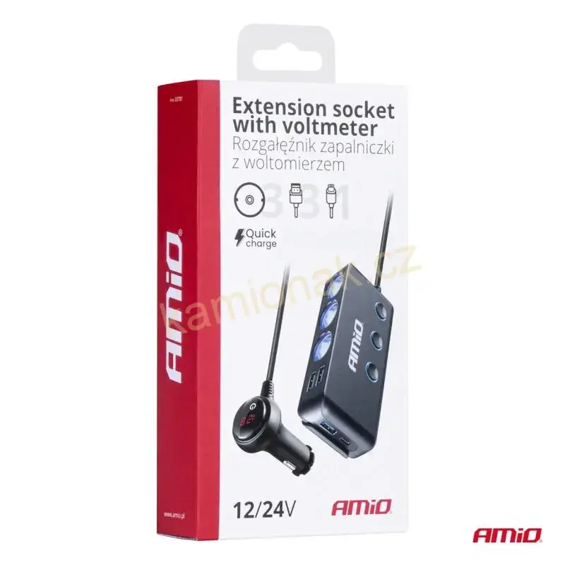 Roztrojka s vypínačem 3x USB + voltmetr - 12/24V